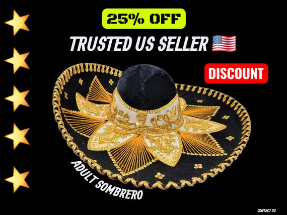 Adult Black & Gold Charro Sombrero - Authentic Mexican Fiesta Costume