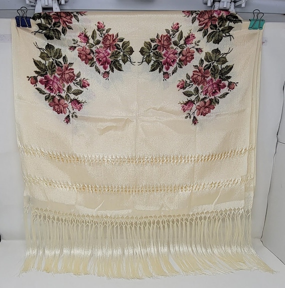 cream color  floral design  rebozo mexican tipical chalina, Mexican Shawl (94" x 24.5") silk artisela
