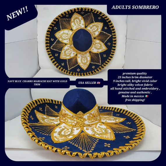 NAVY BLUE with gold trim adults sombrero charro mariachi hat for fiestas or 5 de mayo