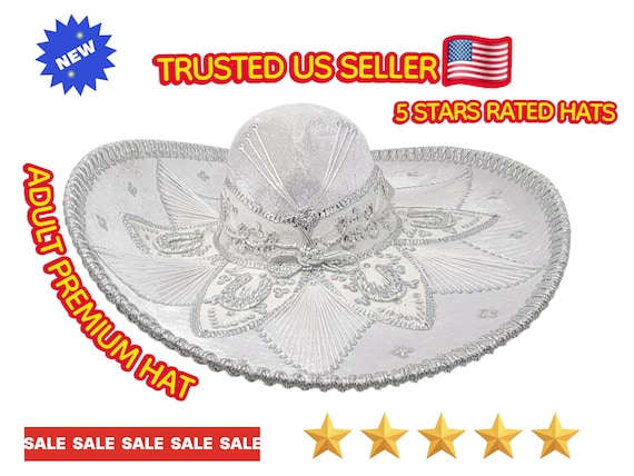 Handmade Velvet Mariachi Sombrero: White Cream with Golden Trim