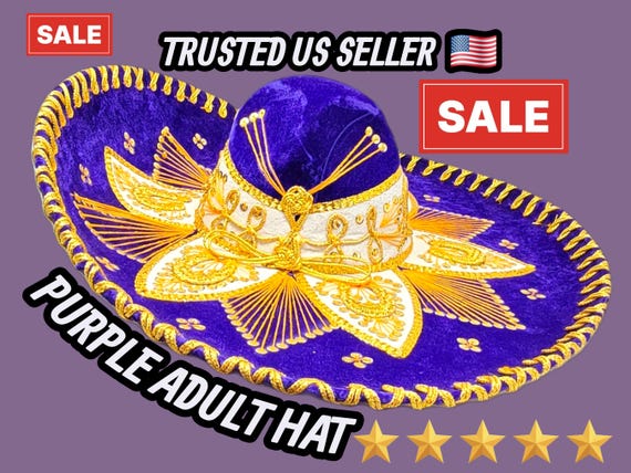 Adult Purple Charro Sombrero with Gold Trim: Authentic Mexican Fiesta Hat