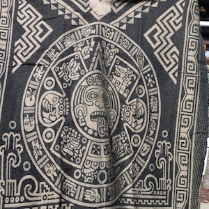 beige  AND BLACK Reversible aztec calendar hand woven poncho with fringes