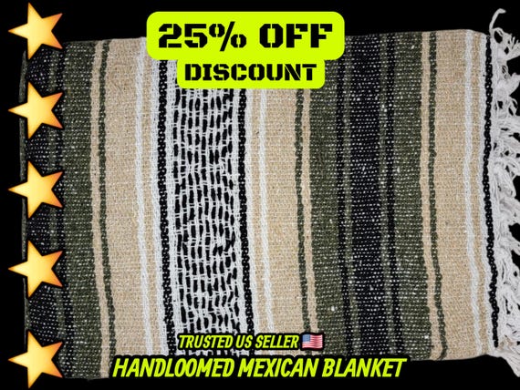 Handloomed Mexican Falsa Blanket: Green, Beige & White Striped Throw (76" x 53")