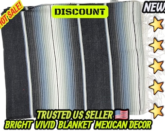 Black & Gray Striped Mexican Blanket: Handloomed Sarape Falsa (80x48)