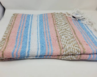 pastel colors mexican blanket warm and thick falsa blanket beach blanket white,beige pink and blue free shipping