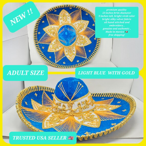 LIGHT BLUE  with  GOLD  colors  adults sombrero charro mariachi hat for fiestas or 5 de mayo extra fancy