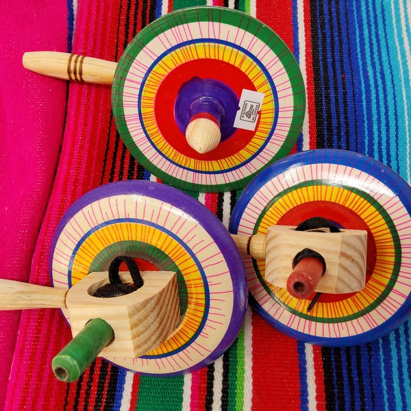 mexican wooden top toy with pull string classic traditional