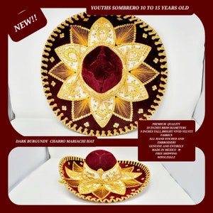 dark BURGUNDY  with gold  youths sombrero charro mariachi hat for fiestas or 5 de mayo