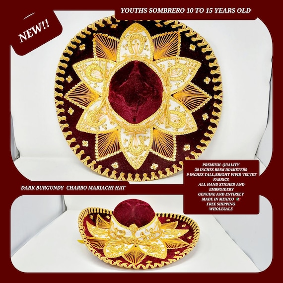dark BURGUNDY  with gold  youths sombrero charro mariachi hat for fiestas or 5 de mayo