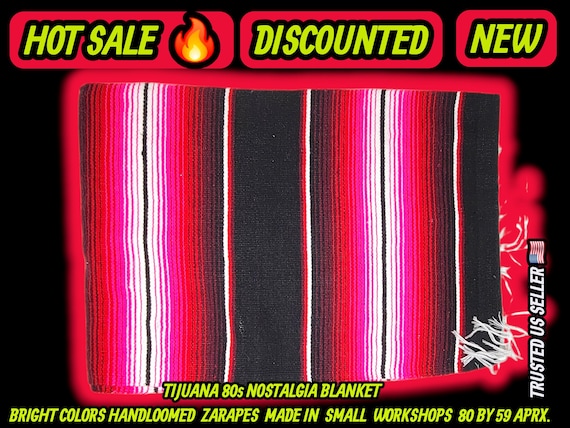 Authentic Mexican zarape blanket 80x60, mexican decor ,table runner, pink shades & black colors