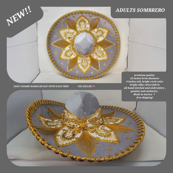 GRAY with gold trim adults sombrero charro mariachi hat for fiestas or 5 de mayo