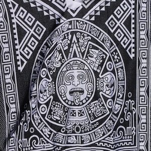WHITE AND BLACK Reversible aztec calendar hand woven poncho with fringes