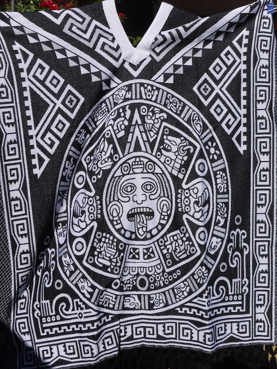 WHITE AND BLACK Reversible aztec calendar hand woven poncho with fringes