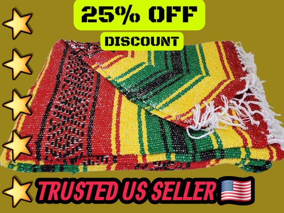 Rasta Color Mexican Falsa Blanket: Warm Handloomed Beach Blanket (76" L x 53" W)