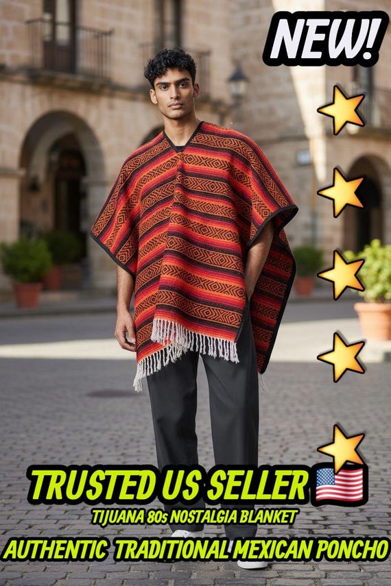 Mexican Falsa Poncho:  fire color orange  Striped Adult Serape