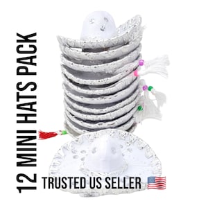 Set van 12 witte en zilveren mini sombrero charro-mexicaanse hoeden van 6 inch van 6 inch
