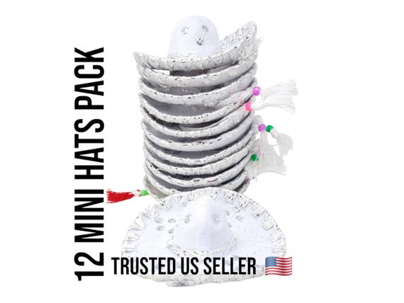 12 pack 6 inches  white and silver mini sombrero charro mexican hats