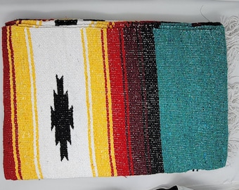Heavyweight Hand Loomed Mexican Blanket: Green, Yellow, Red Diamond