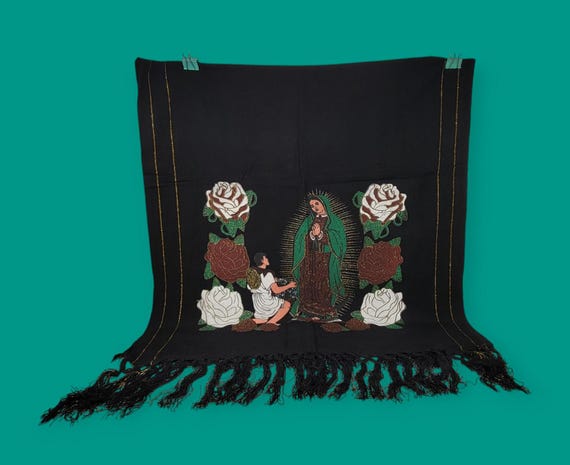 Black virgin mary print  design  rebozo mexican tipical chalina, Mexican Shawl (94" x 24.5")