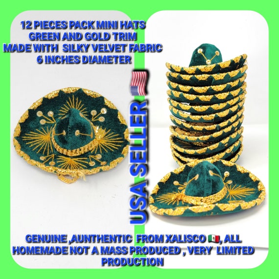 12 pack 6 inches  green   and gold mini sombrero charro mexican hats