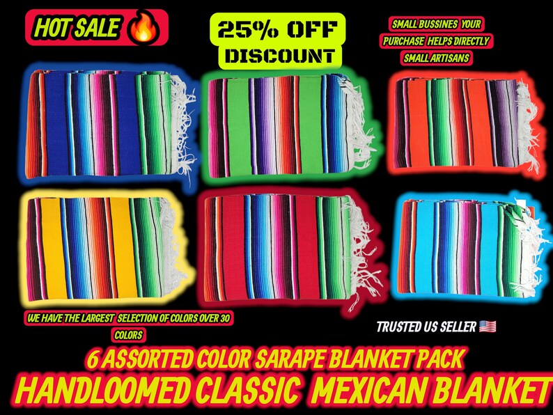 Couverture mexicaine à rayures grises et noires : falsa sarape tissé à la main (80 x 48) 6 assorted  blankets