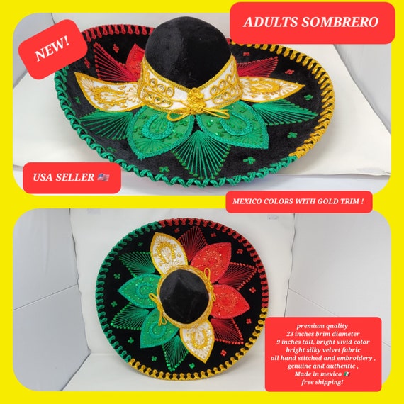 MEXICO COLOR with gold trim adults sombrero charro mariachi hat for fiestas or 5 de mayo