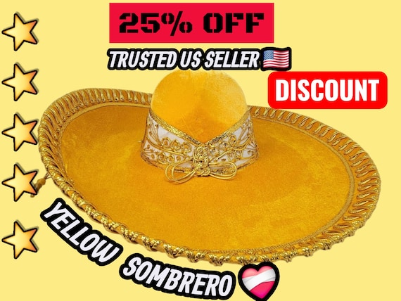 Yellow Velvet Charro Sombrero: Adult Mariachi Hat with Gold Trim
