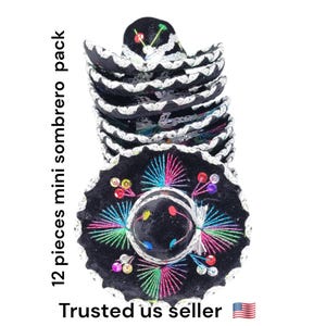 12 pack 6 inches  black  and silver mini sombrero charro mexican hats