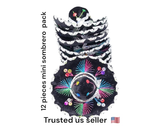 12 pack 6 inches  black  and silver mini sombrero charro mexican hats