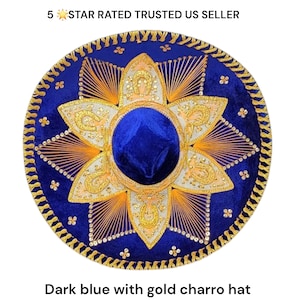 adults sombrero mexican fiesta dark blue  w/ gold  trim charro mariachi hat for costume for 5 de mayo