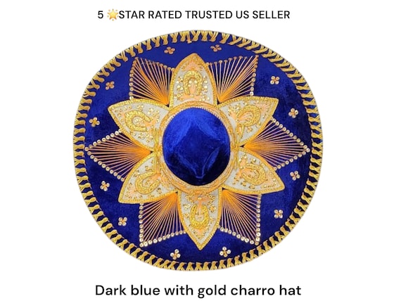 adults sombrero mexican fiesta dark blue  w/ gold  trim charro mariachi hat for costume for 5 de mayo