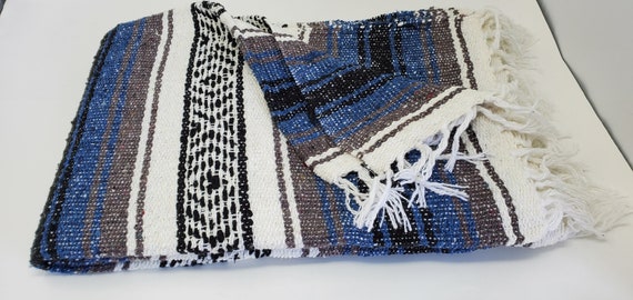 blue   with black  mexican blanket warm and thick falsa blanket beach blanket 76" L x 53" w free  shipping we sell wholesale
