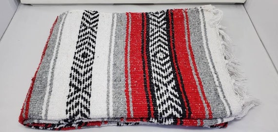 Gray black and red    colors   mexican blanket warm and thick falsa blanket beach blanket 76" L x 53" w free  shipping we sell wholesale