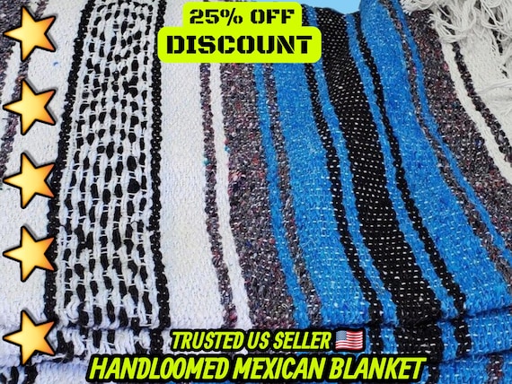 Light Blue Mexican Falsa Blanket: Handloomed Warm Throw (76" L x 53" W)