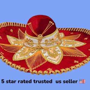 authetic adults mexican fiesta dark red  w/ gold  trim charro sombrero for costume for 5 de mayo  mariachi free shipping