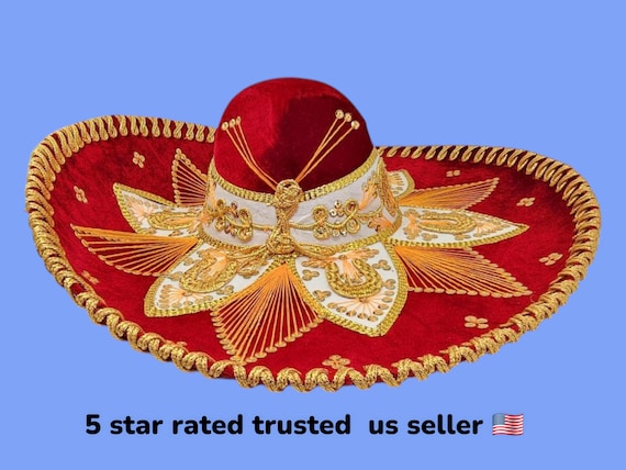 authetic adults mexican fiesta dark red  w/ gold  trim charro sombrero for costume for 5 de mayo  mariachi free shipping