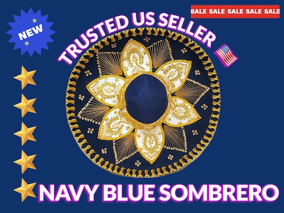 Navy Blue Charro Sombrero: Gold Trim, Adult Fiesta Hat