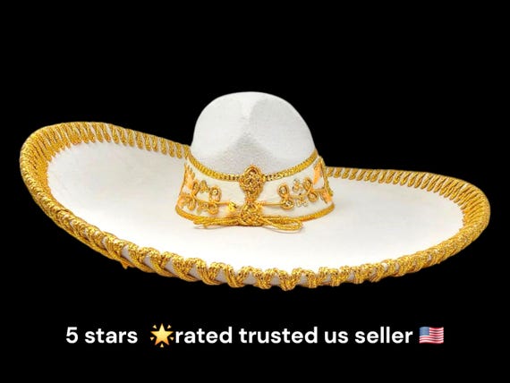WHITE CREAM with  GOLD  colors  adults sombrero charro mariachi hat for fiestas or 5 de mayo extra fancy wedding sombrero