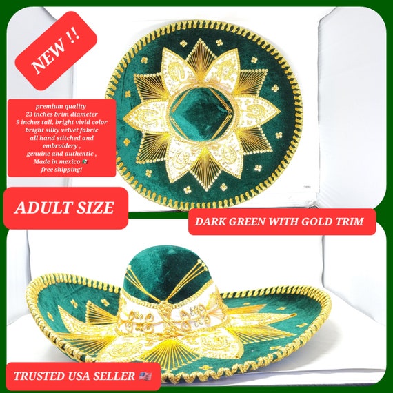 GREEN with gold trim adults sombrero charro mariachi hat for fiestas or 5 de mayo