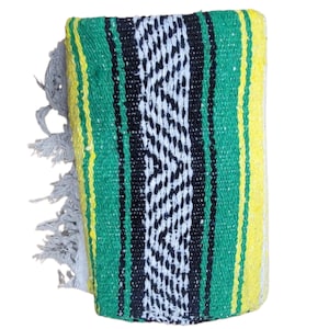 Mexican Falsa Blanket | Handwoven Baja Picnic Throw (73x48) yellow  & green Brazilian colors flag