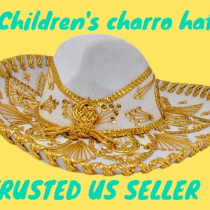 white with gold trim childrens  sombrero charro mariachi hat for fiestas or 5 de mayo