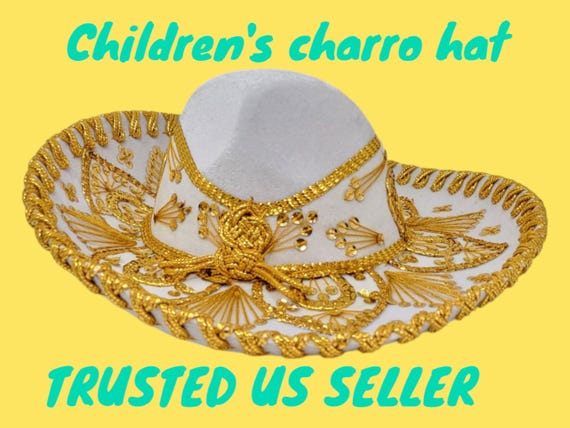 white with gold trim childrens  sombrero charro mariachi hat for fiestas or 5 de mayo