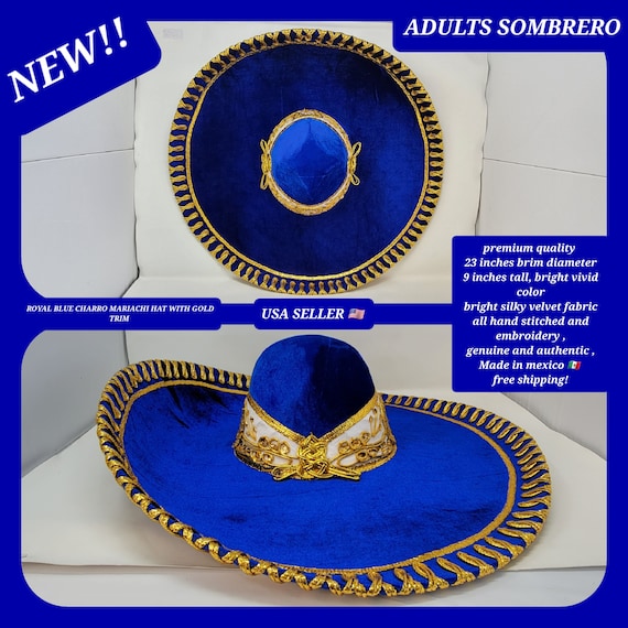 ROYAL BLUE with gold trim adults sombrero charro mariachi hat for fiestas or 5 de mayo