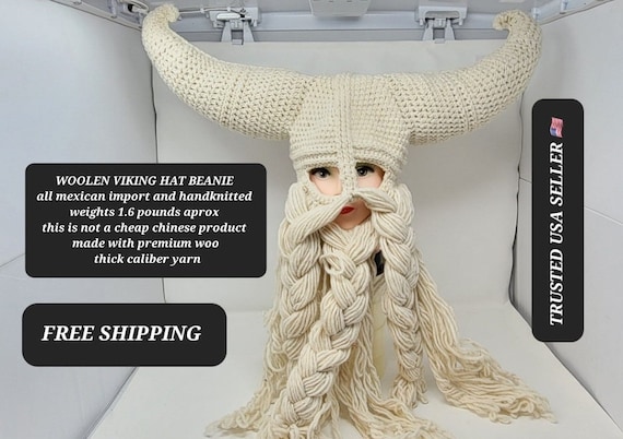 woolen winter  WHITE CREAM  viking horn hat with beard 100% wool handknitted made in mexico