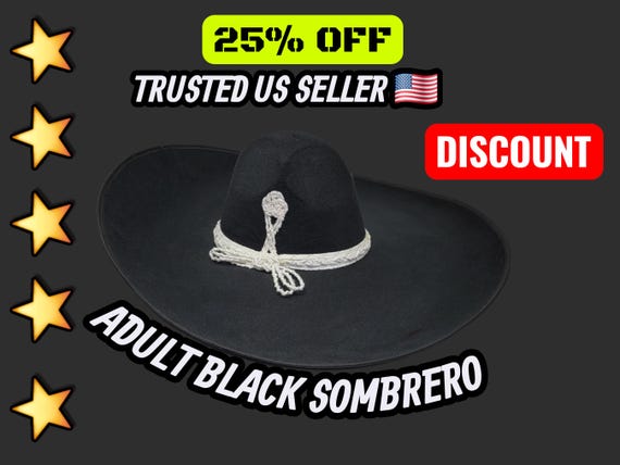 authetic adults mexican fiesta  plain black  charro sombrero Javier Solis hat