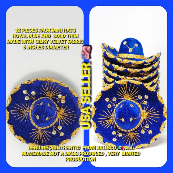 12 pack 6 inches  blue  and gold mini sombrero charro mexican hats