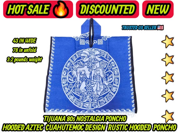Aztec calendar mexican hooded  poncho traditional poncho gavan jorongo 5 de mayo warm
