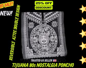 beige  AND BLACK Reversible aztec calendar hand woven poncho with fringes