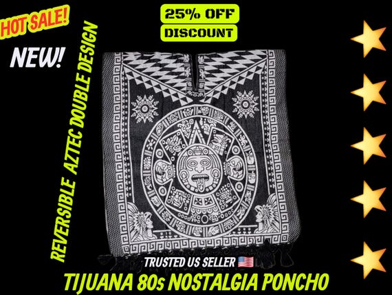 beige  AND BLACK Reversible aztec calendar hand woven poncho with fringes
