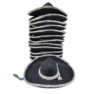 Handmade Mini Mexican Sombrero Hats – Black with silver Trim, Fiesta Party Favors (12 Pack)